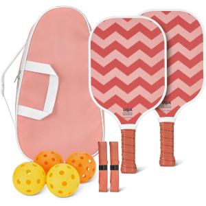 imageAmazon Basics Pickleball Paddles Set of 2 USAPA Approved Carbon Fiber Paddle with 4 Balls Lightweight Pickle Ball Rackets Carry Bag amp GripsPastel Zigzag