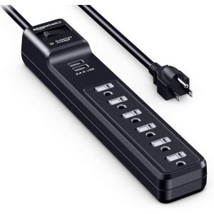 imageAmazon Basics Surge Protector Power Strip with 2 USB Ports 6 Outlet Extension Cord 1000 Joule Rectangle 6 ft Cord Length BlackBlack