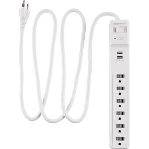 imageAmazon Basics Surge Protector Power Strip with 2 USB Ports 6 Outlet Extension Cord 1000 Joule Rectangle 6 ft Cord Length BlackWhite