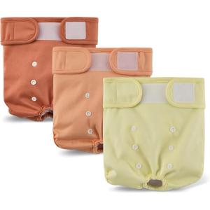 imageAmazon Basics Washable Dog Diapers Highly Absorbent Female S Size 3 Pack 151 x 109 x 021 Colors Cinnamon Peach Pale OliveL