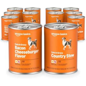 imageAmazon Basics Wet Dog Food Cuts in Gravy TBone Flavor Made with Real Chicken and Beef 132 oz can Pack of 12Bacon Cheeseburger and Country Stew Flavor