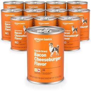 imageAmazon Basics Wet Dog Food Cuts in Gravy TBone Flavor Made with Real Chicken and Beef 132 oz can Pack of 12Cheeseburger  Beef Flavor