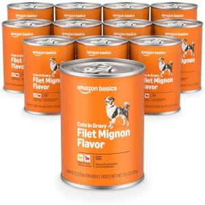 imageAmazon Basics Wet Dog Food Cuts in Gravy TBone Flavor Made with Real Chicken and Beef 132 oz can Pack of 12Cuts in gravy Filet Mignon Flavor