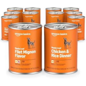 imageAmazon Basics Wet Dog Food Cuts in Gravy TBone Flavor Made with Real Chicken and Beef 132 oz can Pack of 12Filet Mignon Flavor and Chicken  Rice Dinner