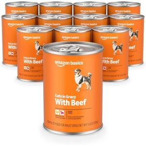 imageAmazon Basics Wet Dog Food Cuts in Gravy TBone Flavor Made with Real Chicken and Beef 132 oz can Pack of 12Gravy with Beef Flavor