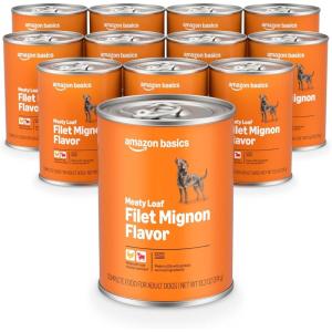 imageAmazon Basics Wet Dog Food Cuts in Gravy TBone Flavor Made with Real Chicken and Beef 132 oz can Pack of 12Meaty Loaf Filet Mignon Flavor