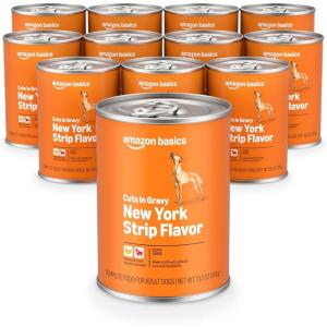 imageAmazon Basics Wet Dog Food Cuts in Gravy TBone Flavor Made with Real Chicken and Beef 132 oz can Pack of 12New York Strip Flavor