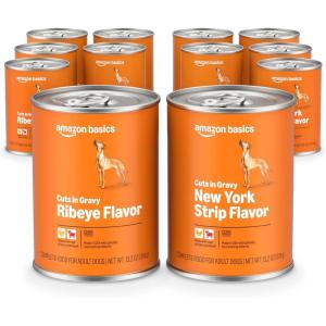 imageAmazon Basics Wet Dog Food Cuts in Gravy TBone Flavor Made with Real Chicken and Beef 132 oz can Pack of 12Ribeye Flavor  New York Strip Flavor