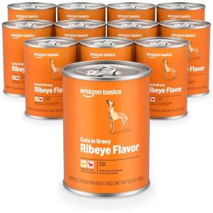imageAmazon Basics Wet Dog Food Cuts in Gravy TBone Flavor Made with Real Chicken and Beef 132 oz can Pack of 12Ribeye Flavor