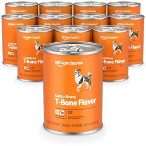 imageAmazon Basics Wet Dog Food Cuts in Gravy TBone Flavor Made with Real Chicken and Beef 132 oz can Pack of 12TBone Flavor