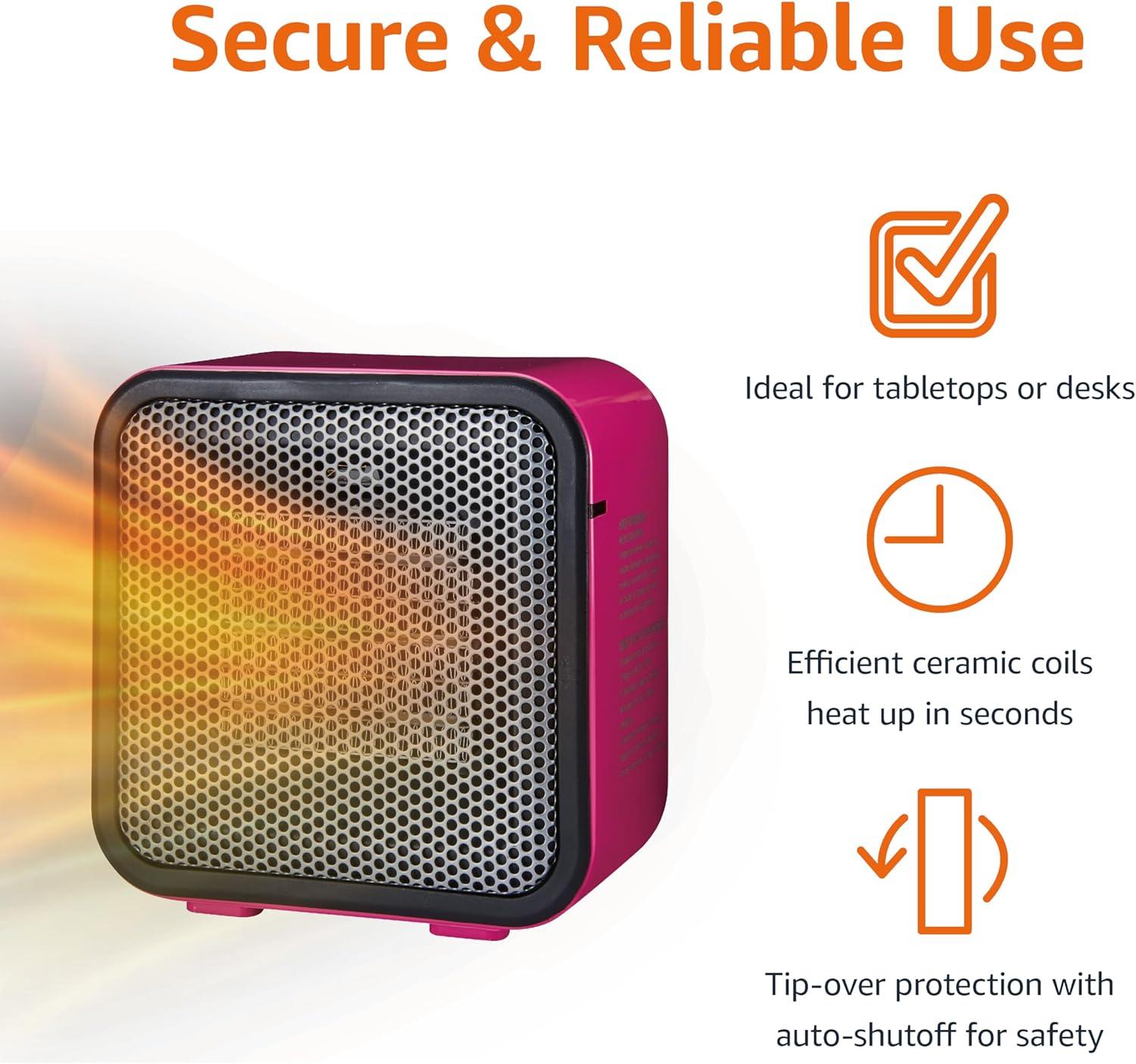 imageAmazon Basics Ceramic Space Heater Mini Heater for Office Desk Portable Tent Heater Indoor Use 500 W With TipOver Protection Lightweight 14 LBS Black 587D x 315W x 595HPink