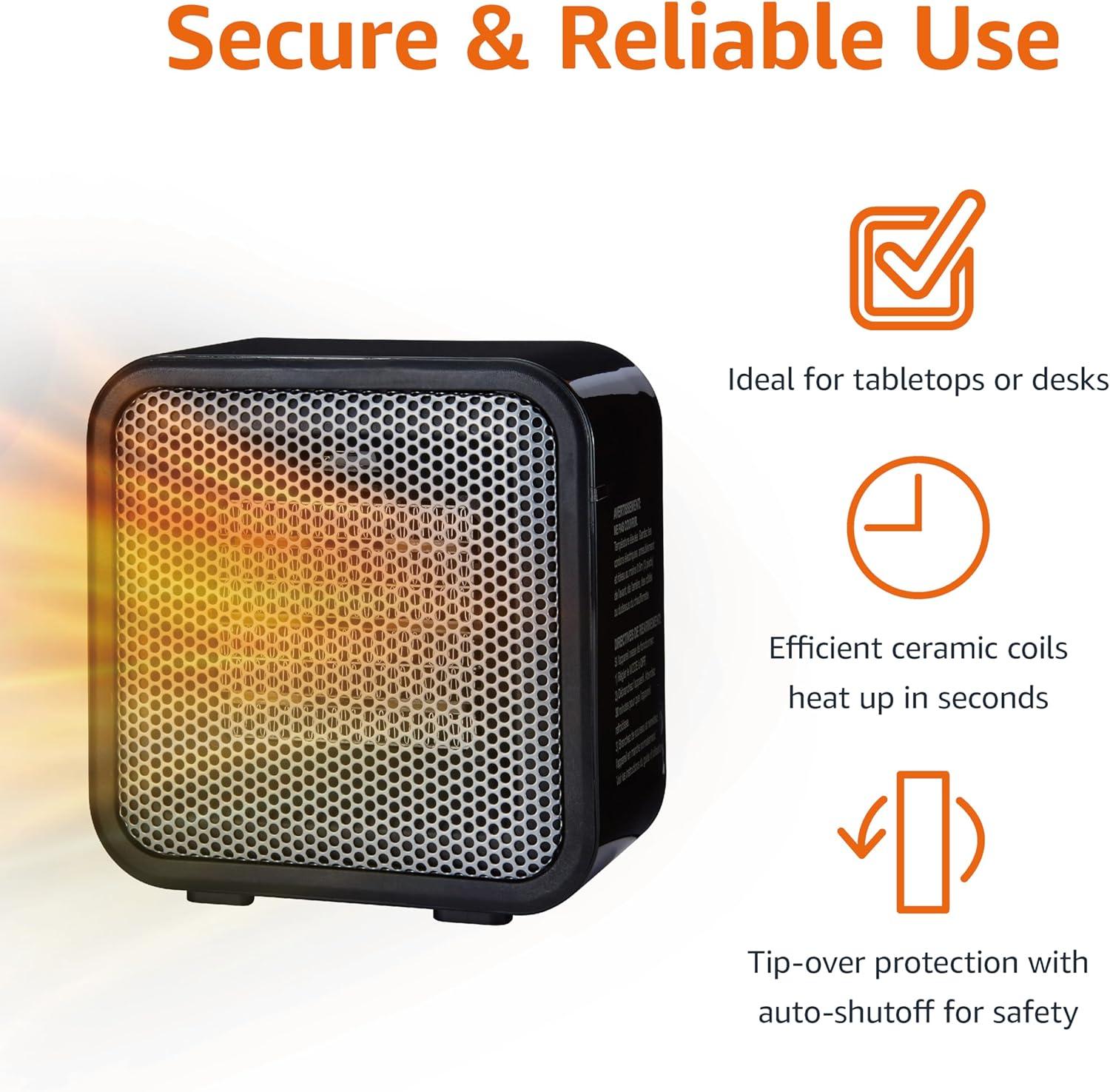 imageAmazon Basics Ceramic Space Heater Mini Heater for Office Desk Portable Tent Heater Indoor Use 500 W With TipOver Protection Lightweight 14 LBS Black 587D x 315W x 595HBlack