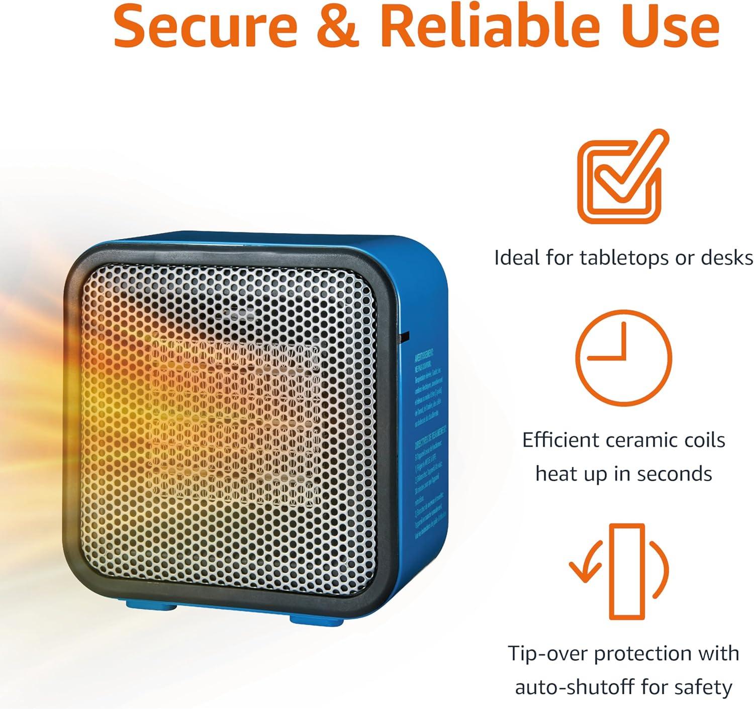 imageAmazon Basics Ceramic Space Heater Mini Heater for Office Desk Portable Tent Heater Indoor Use 500 W With TipOver Protection Lightweight 14 LBS Black 587D x 315W x 595HBlue