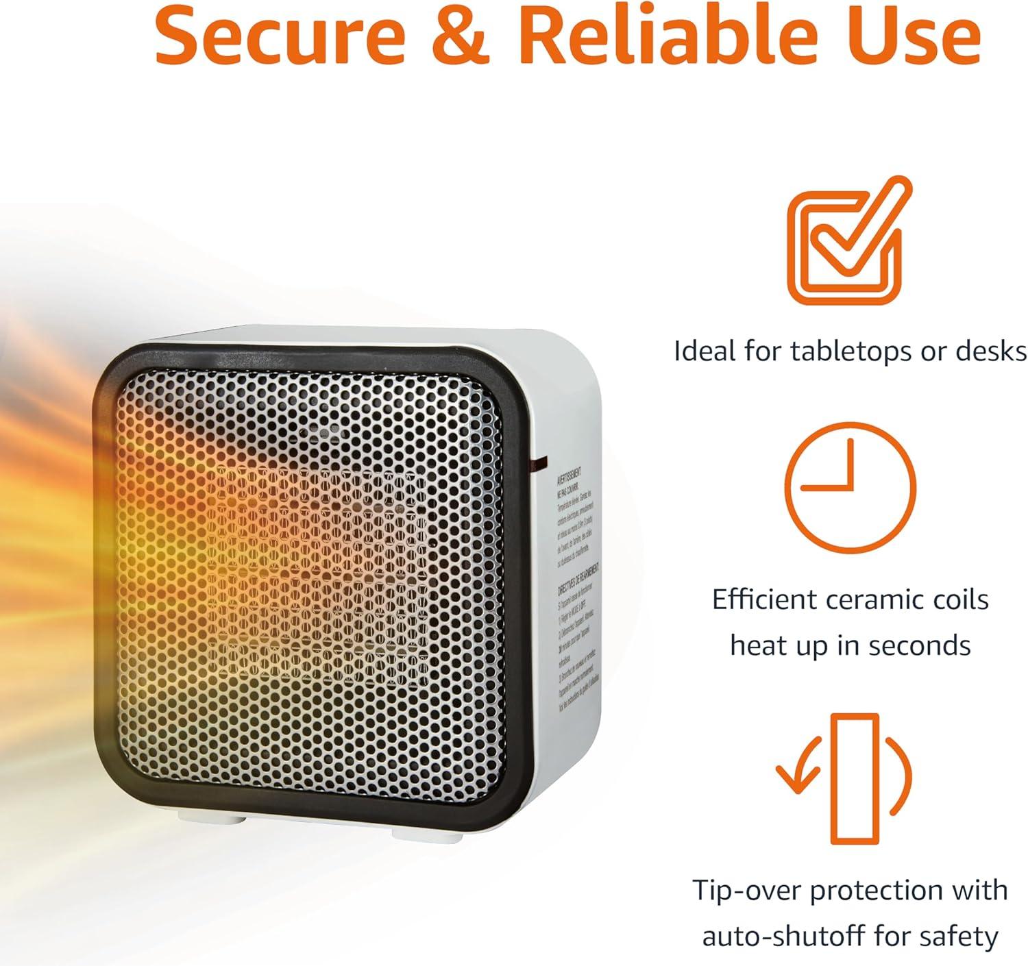imageAmazon Basics Ceramic Space Heater Mini Heater for Office Desk Portable Tent Heater Indoor Use 500 W With TipOver Protection Lightweight 14 LBS Black 587D x 315W x 595HWhite