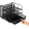 imageAmazon Basics Sturdy Rectangular Desktop Organizer with 3 Trays Sliding Drawer and Hanging File Holder for Office Supplies Black