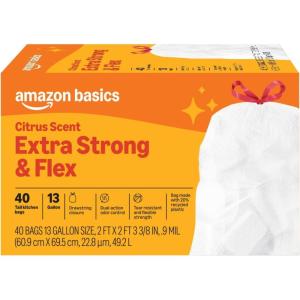 imageAmazon Basics Extra Strong amp Flex Tall Kitchen Drawstring Trash Bags Tropical Island Scent 13 Gallon 40 CountCitrus