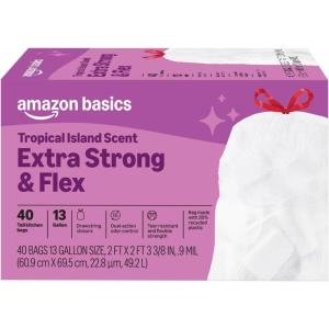 imageAmazon Basics Extra Strong amp Flex Tall Kitchen Drawstring Trash Bags Tropical Island Scent 13 Gallon 40 CountTropical Island