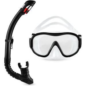imageAmazon Basics Snorkel Mask with DryTop Tube and Carry Bag Snorkeling Gear for Adults Black