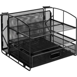 imageAmazon Basics Sturdy Rectangular Desktop Organizer with 3 Trays Sliding Drawer and Hanging File Holder for Office Supplies Black